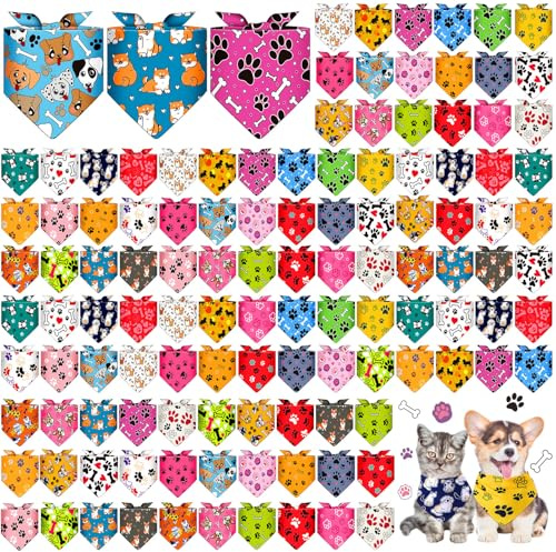 Sanwuta 120 Pcs Bandanas for Dogs Bulk Dog Bone and Paw Print Pattern Triangle Bandanas for Groomers Washable Pet Scarves Adjustable Bibs for Small and Medium Pets, 30 Styles