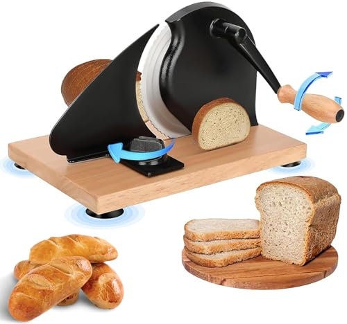 Generic Manual Bread Slicer, Classic Hand Crank Home Bread Slicer, 304 Stainless Steel Blade, Adjustable Thickness 0-0.8in, Wood & Metal Body, Stainless Steel Blade