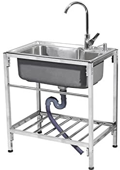 MYUYEE Küchenspüle gewerbliche Edelstahl-Küche Außenwaschbecken für die Garage Waschküche im Innenbereich mit Wasserhahn und Abtropffläche Lagerregale für den,58 * 43+normal+heiß kalt