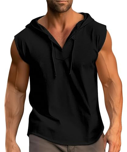 Gilet sans Manche Homme Capuche, Débardeur Homme Sport Col Mao avec Cordon De Serrage Couleurs Pures DéContracté Comfortable Baggy Respirante Tee Shirt Simple Passe-Partout Tous Les Jours