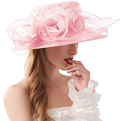 NaLatia Damen-Organzahut mit breiter Krempe und Federn für Kirche, Hochzeiten, Pferderennen Royal Ascot und Strandurlauboder als Sonnenhut Sommer-Neuheiten