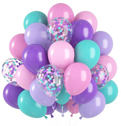 Luftballons Lila Rosa 60 Stück, Meerjungfrau Luftballons Rosa Lila Türkis Konfetti Latex Ballon, Luftballon Pastel Pink Violett Meerjungfrauen für Geburtstag Mädchen Frauen Hochzeit JGA Deko