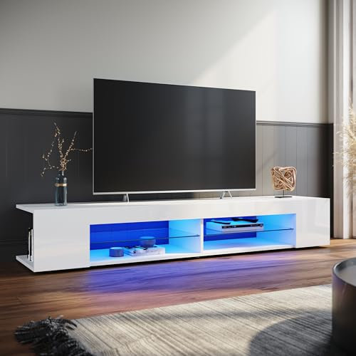 ELEGANT TV Stand Cabinet Unit with 16 RGB LED Lights, High Gloss Modern White TV Stand with Open Glass Storage Shelves and 2 Rear Storage Compartments for Living Room, Bedroom 1800x390x300mm