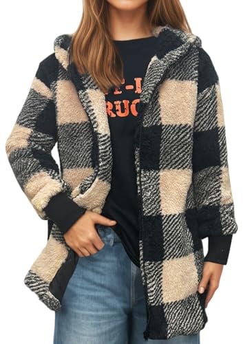 Ranphee Teddy Fleecejacke Damen mit Kapuze Warme Karierte Teddyfell Jacke 2026 Herbst Elegant Vintage Plüschmantel
