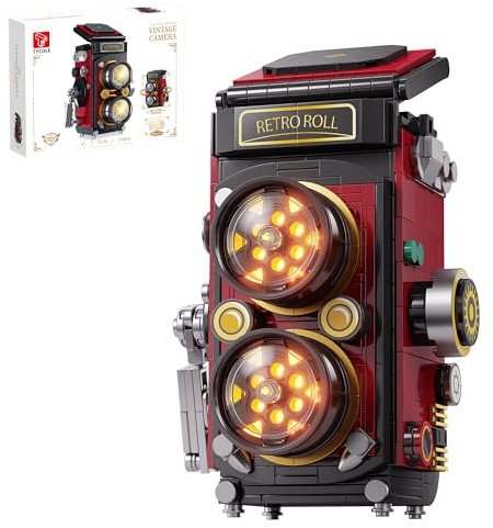 TYCOLE Retro-Kamera Klemmbaustein-Set mit LED, 719 Teile, Doppelobjektiv | LED-Doppelobjektiv, klappbarer Sucher, sichtbare Filmrolle und Zahnräder – Retro-Kameramodell zum Bauen und Ausstellen.