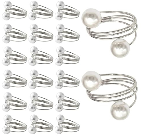 NONDK 20Pack Silver Napkin Rings, Pearl Napkin Ring Set, Metal Spring Napkin Holder Table Decorations, Napkin Ring Buckles Easy to Use