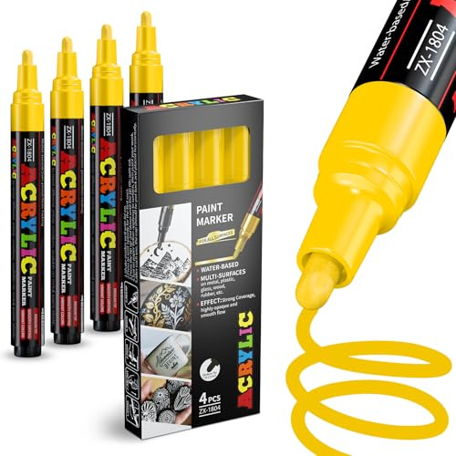 Alitastro 4 Yellow Paint Marker Pens Medium Tip Acrylic Paint Markers | Waterproof, Quick Drying, Fade Resistant Water-based Marker Pen for Rock Painting, Tires, Wood, Plastic, Canvas, Mugs, Stone