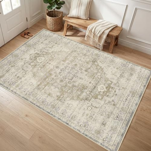 Autsel Vintage Teppich Wohnzimmer 140x200cm, Beige Teppich Schlafzimmer | Waschbarer Boho Teppich, Rutschfest Läufer Teppiche, Pflegeleicht Teppich Gegend für küche, Büro, Esszimmer, Flur