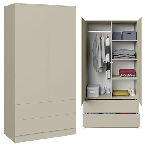 BEAUTY SOFA Classic Kleiderschrank 90x180 cm mit 2 Schubladen & Tip-ON System, Kleiderstange & Regale, Kaschmir