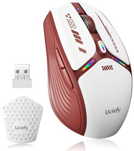 Uciefy V19 Wireless Mouse, USB C Rechargeable Magnetic Cover Mouse - Red | LED Light, Battery Indicator, Honeycomb Shell, USB Receiver and Type C Adapter, Side Buttons, Portable, 1600 DPI, Cordless