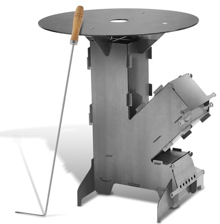 Raketenofen mit Grillplatte groß 5mm, Rocket Stove aus massivem 3 mm dickem Stahl, mit Feuerhaken, Kanonenofen Stecksystem mit 2 zusätzlichen Standfüßen，Holzofen Outdoor für Camping, BBQ, Dutch Oven