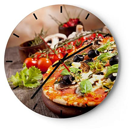 Modern Wanduhr Pizza Essen Italien Tradition 30x30cm Rund Klein Wand Uhr Glas Analog Zimmeruhren Küche Büro Wohnzimmer Glasuhr Wall Clock Dekoration Design Wanddekoration Küchenuhr C3AR30x30-2791