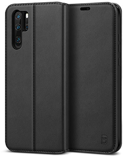 BEZ Handyhülle für Huawei P30 Pro Hülle, Premium Tasche Case Kompatibel für Huawei P30 Pro, Schutzhüllen aus Klappetui mit Kreditkartenhaltern, Ständer, Magnetverschluss, Schwarz