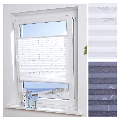 ourdeco® Plissee / 55 x 130 cm Weiß, bedrucktes Blumenmotiv Ranke/lichtdurchlässig, Blickdicht/Farbe: Weiß Ranke/Klemmen=Montage ohne Bohren=Smartfix=Klemmfix-Plissee=Easy-to-fix