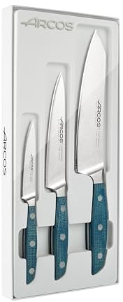 Arcos Juego de Cuchillos de Cocina. 3 piezas de Acero Inoxidable forjado. Impresiona yorprencon cada corte. Mango Micarta azul. Serie Brooklyn. Color Azul.