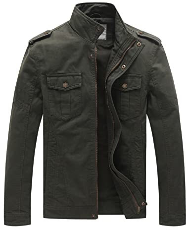 WenVen Men's Casual Cotton Jacket Outdoor Lightweight Leisure Jacket Classic Full-Zip Jacket Military Jacket Military Green M
