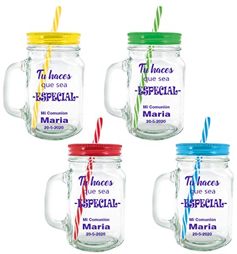 Curia Grabador Lote de 4 jarras taza de cristal con caña PERSONALIZADA con evento nombre y fecha. Jarras con Frases, tazas originales para Detalles, recuerdos y regalos de Comuniones y eventos
