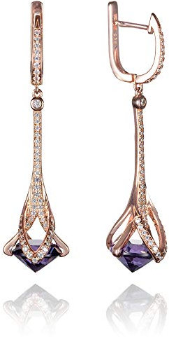 namana Boucles d'Oreilles Pendantes Or Rose. Boucles d’Oreilles Femme en Argent 925 plaquées Or Rose 18 Ct Serties de Zircons et de Pierres Violettes. Boucles d'Oreilles Longues Or Rose pour Femmes