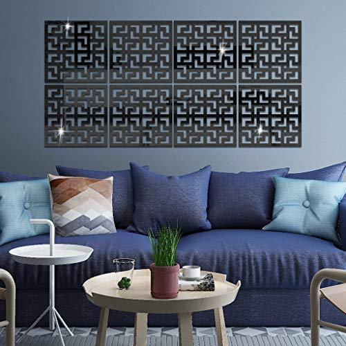 Lot de 8 autocollants muraux en acrylique avec motif de fenêtre creuse de style chinois, autocollants muraux en plastique, décoration murale pour salon, chambre à coucher, bureau (noir)