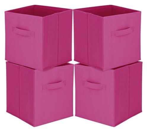 Holdfiturn 4 Pcs Collapsible Storage Cubes 27x27x28cm Foldable Fabric Storage Bins with Handles Tidy Clothes Organizer Open-Top Toys Box for Closet Shelves Drawer Bedroom (Rose Red)