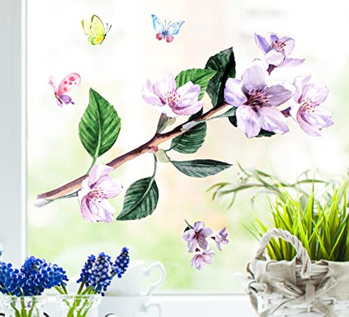 wolga-kreativ Fenstersticker Fensterbilder Blume-n Zweig blau Frühling Schmetterling Aufkleber Sticker Fenster Küche Küchenfenster wiederverwendbar Sichtschutz