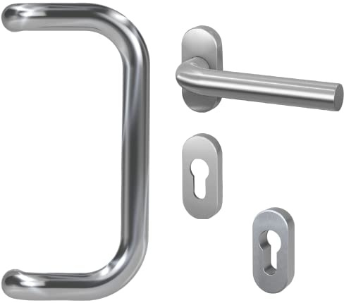 BASI | Stoßgriff Komplett-SET | Stoßgriff U-Form + Schmalrahmen-Garnitur + Schutzrosette PZ oval aus Edelstahl | Beschlag Türgriff Set für Haustür | Montagematerial