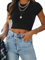 REORIA Damen einfarbiges T-Shirts kurzärmelig hochgeschlossen doppelt gefüttert eng anliegend Crop Tops Schwarz XL