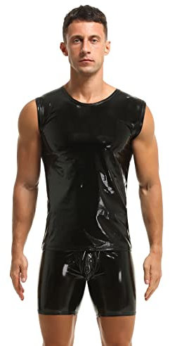 Herren Shirt Tank Top ohne Arm Leder Lack Latex Optik schwarz Männer Unterwäsche Stretch Hemd Tops Clubwear Guywear Gogo Swingerclub Freizeithemd Sommer Muskel Top Vinyl Oberteil (L, Schwarz)