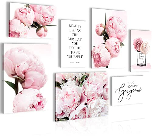 Novart Wandbilder Fashion Blumen Rosa - KOMPLETT AUFHÄNGFERTIG - mit Spruch Wohnzimmer Mädchen Teenager - 7 Moderne Mood-Bilder - N009471a