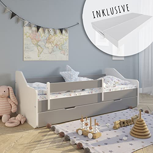 Kids Collective Kinderbett 80x160 cm mit Matratze, Rausfallschutz, Lattenrost & Schublade in grau 160x80 Mädchen Jungen Bett Skandi
