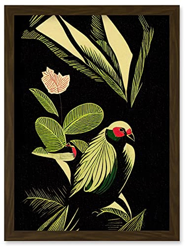 Wee Blue Coo Green Black Modern Vintage Tropical Plant Leaves with Bird Artwork Framed Wall Art Print A4