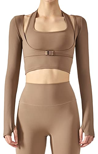 Damen Cutout Workout Crop Top Gepolstert Langarm Neckholder Sport BH Top 2 in 1 Yoga Gym Shirts mit Daumenloch, Braun, X-Groß
