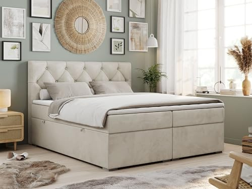 MKS MEBLE Boxspringbett 160x200 cm mit Matratze und Topper T25, Boxspringbett mit Bettkasten und Kopfteil - Alda - H4 Beige Velvet