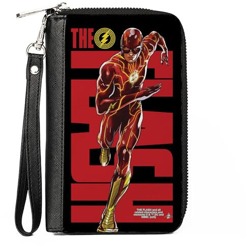 DC Comics Geldbörse mit umlaufendem Reißverschluss, The Flash Title und Running Action Pose Schwarz Rot Gelb Veganes Leder, Schwarz / Rot / Gelb, 7.5x4.5, Casual
