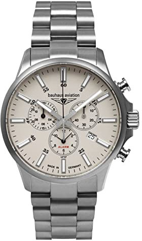Bauhaus Aviation Herrenuhr mit Lederband oder Titanband Chronograph Titangehäuse 10 ATM Saphirglas Alarm Datum 2880 (Beige/Titanband)
