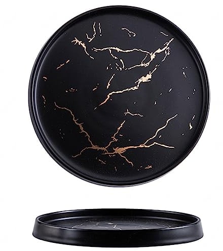NGDECOR Ceramic Dinner Plates Set of 2 - Gold Marble Pattern Round Matte Dinnerware Dish Set - Porcelain Salad Serving Plates, Appetizer Plates for Steak, Pizza, Snack,Black-8 inch