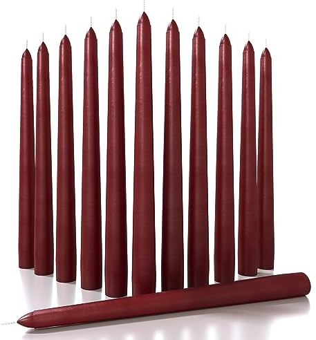 CANDWAX 25 cm Taper Candle Set of 12 - Dripless Tapered Candles Unscented Candle Sticks - Long Dinner Candles Long Burning - Burgundy Candles