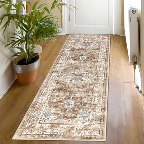 SHACOS Teppich Läufer Flur Rutschfest, Waschbar 60x180cm Küchenteppich, Korridor Teppich Flur Läufer Weich Flurläufer Lang Teppich Läufer Flur Braun Vintage Teppich für Wohnzimmer, Küche, Schlafzimmer