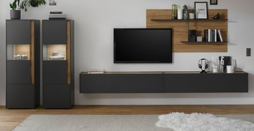 Furn.Design Wohnwand Schrankwand in grau matt und Eiche Wotan Holz Wohnzimmer Set 5-teilig mit XXL TV Unterteil zum Aufhängen, Vitrinen und Wandregal 440 x 180 cm (Set 5)