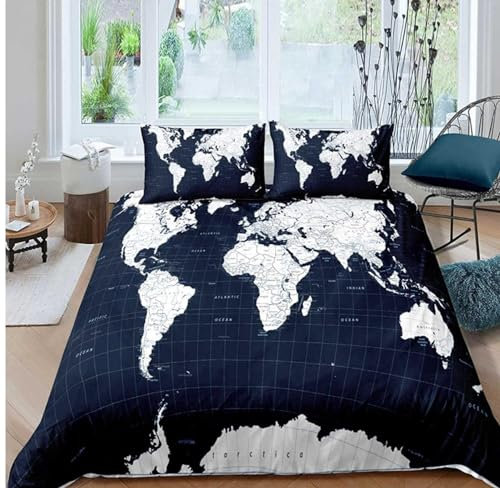 MELABE Retro-Weltkarte Bettwäsche Bettbezug Set Kinderbettwäsche, Dunkel Mit 2 Kissenbezüge 80 x 80 cm Weiche Hautfreundliche Mikrofaser Bettwäsche für Jungen und Mädchen 155 x 220 cm