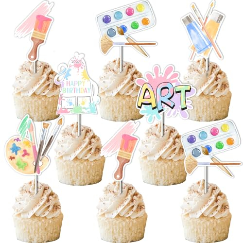 Funmemoir Art Paint Party Cupcake Toppers - 24 Stück Pastellfarben, Künstler-Geburtstagsparty, Kuchen & Dessert Dekoration