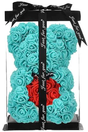 ZENZERO® - ORSO ROSA - ORSETTO ricoperto di ROSE in PE - Orsacchiotto in Confezione Regalo - Dimensioni 10 (26x17cm) - Pezzi: 1 - disponibili vari COLORI - Colore: (ACQUAMARINA CUORE ROSSO)