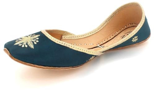 Womens Ladies Traditional Ethnic Bridal Handmade Leather Flat Khussa Mojari Jutti Indian Pumps Slip On Blue Shoes Size 6 UK 39 EU