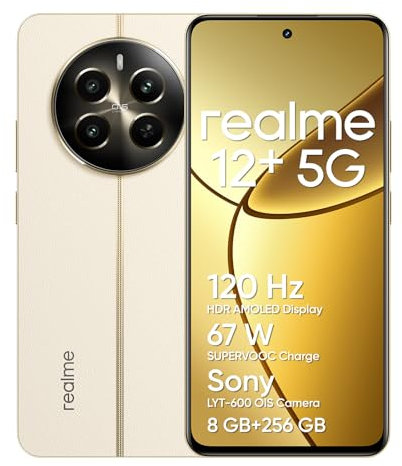 realme 12+ 5G Smartphone 8+256 GB with NFC, Sony LYT-600 OIS Portrait Camera, Dimensity 7050 5G Chipset, 120Hz AMOLED Display, 67W SUPERVOOC Charge, Navigator Beige(no Adapter)
