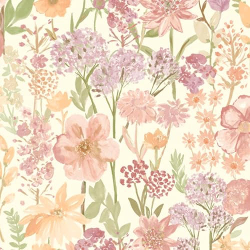 Grandeco Wildflowers Wallpaper – Modern Natural Flower Themed Wallpaper – Smooth Matte Finish – Pink/Cream