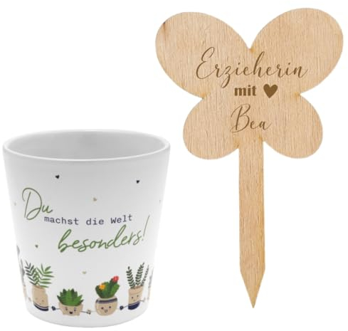 AWASG Geschenk Set Blumenübertopf mit Blumenstecker - Personalisierter Pflanzenstecker Holz mit Gravur - Blumentopf für Erzieherin Abschluss Kita Kindergarten