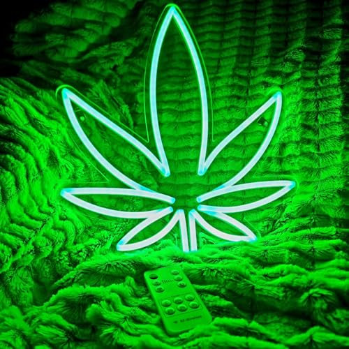 Enseigne Lumineuse Néon LED Feuille Chanvre Weed Cannabis télécommande - Panneau lumineux mural ambiance et décoration intérieure - Alimentation USB - Niveau de luminosité réglable