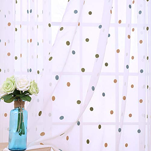 CERTNKI 2 Stück Kinderzimmer Voile Vorhang Bunt Punkte Stickerei Transparent Gardinen Mit Ösen Weiss Transparent Gardinen Für Wohnzimmer Schlafzimmer,W135xL244cm
