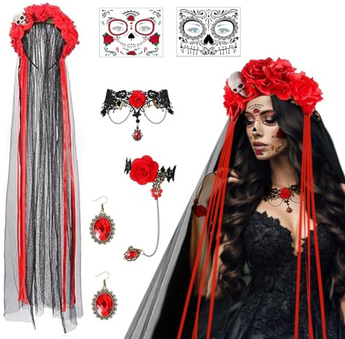 Halloween Tag der Toten Damen Kostüm Accessoires, Dia De Los Muertos Rosen Totenkopf Haarreif Schleier, Halloween Gesicht Tattoos, Gothic Halskette Armbänder Ohrringe für Karneval Fasching Halloween