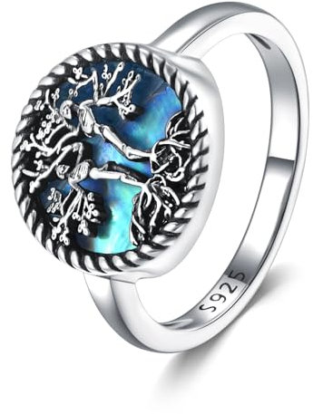 URONE Tree of Life Ring 925 Sterling Silver Tree of Life Abalone Shell Rings Tree of Life Jewellery Gifts for Women Men-US Size #8